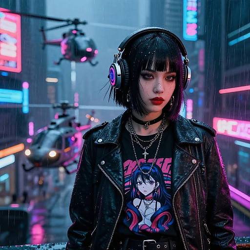 Digital artwork of a goth girl with black bob haircut, headphones, leather jacket, and graphic tee, standing in a neon-lit, rainy city