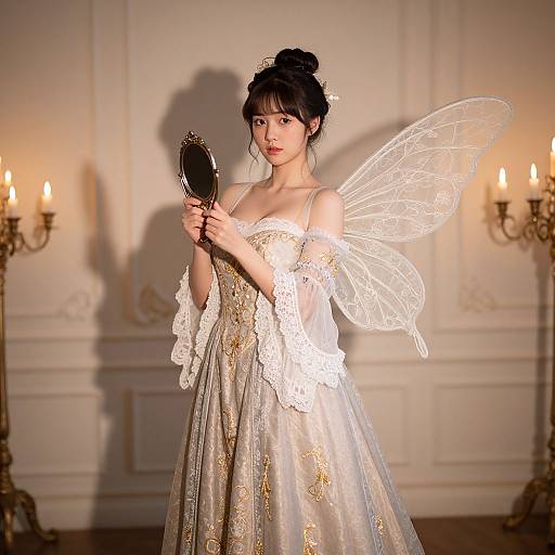 Photograph of an East Asian woman in a fairy-like, off-shoulder, lace-trimmed gown with transparent wings, holding a mirror,