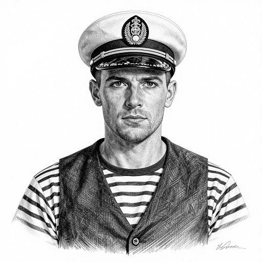 Black and white digital drawing of a handsome male sailor with a stern expression, wearing a striped shirt, vest, and navy cap.
