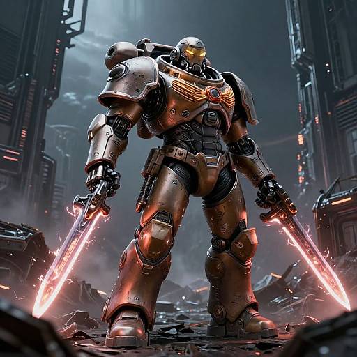 Photorealistic CGI of a futuristic armored warrior with glowing yellow visor, wielding dual red lightsabers in a dark, industrial cityscape.