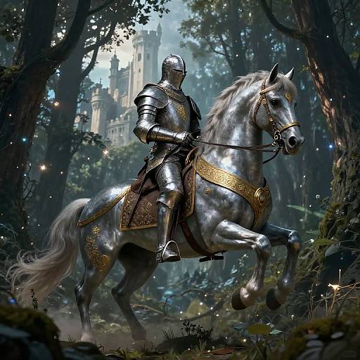 Digital fantasy art of a silver-armored knight on a silver horse with gold trim, riding through a mystical forest towards a castle.