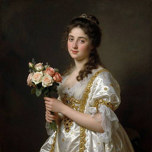 Neoclassical portrait of a young woman with fair skin, brown curls, wearing a white, gold-embroidered gown, holding a bouquet
