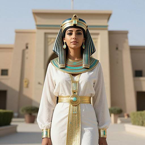 Photograph of a dark-skinned woman in ancient Egyptian attire with blue and black striped headdress, white robe, gold accents, standing in front of