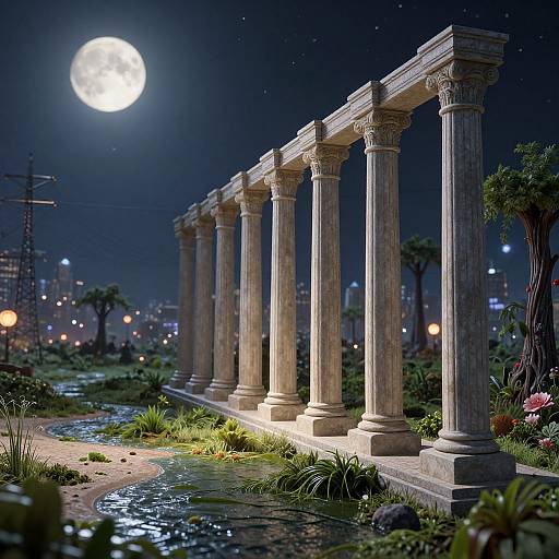 Photorealistic CGI of ancient Greek-style stone columns under a full moon, with a glowing cityscape and a winding stream in the foreground.