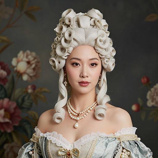 Digital portrait of an Asian woman with elaborate white curls, wearing an off-shoulder lace dress and pearl necklace, set against a floral background.