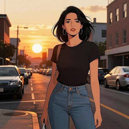 Confident Woman on City Street at Sunset