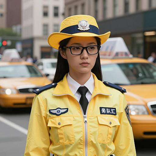Asian Woman in Yellow Traffic Officer Uniform
