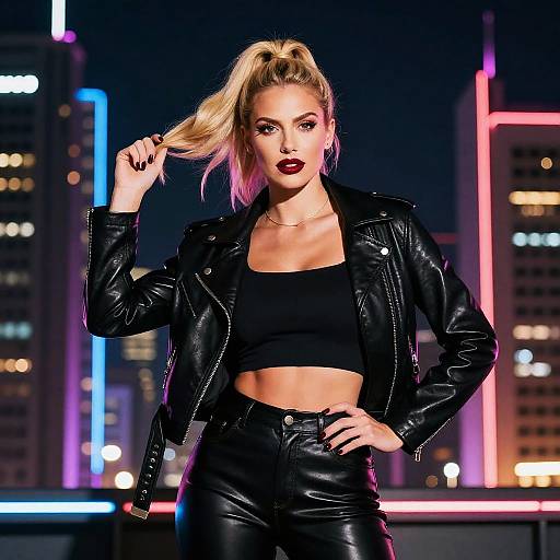 Photograph of a confident blonde woman with a high ponytail, wearing a black leather jacket and crop top, standing in a neon-lit cityscape