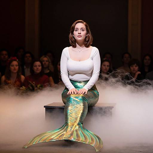 Photograph of a brown-haired mermaid model with a white long-sleeve top and green-gold sequined tail, sitting on a bench,