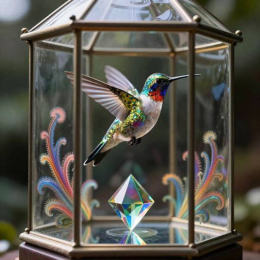 Kaleidoscopic Glass Hummingbird Above Suspended Conservatory