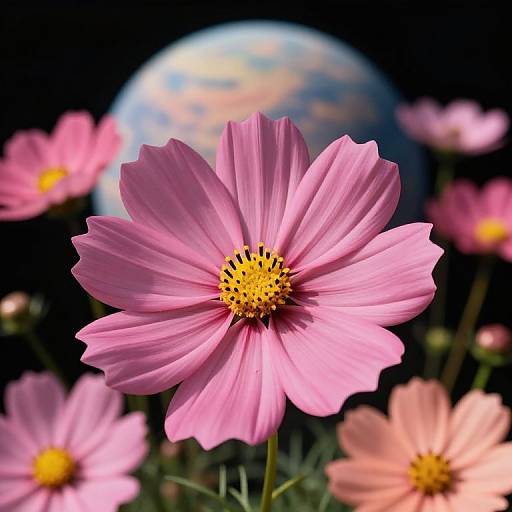 Vibrant Cosmos Flower with Ethereal Planet