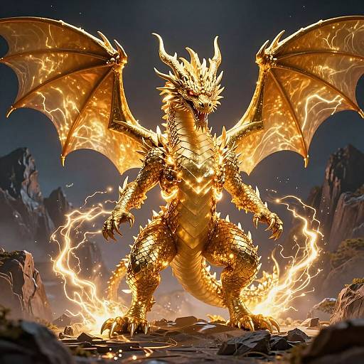 Digital artwork of a massive, fiery golden dragon with glowing wings, standing on rocky terrain, surrounded by bright, crackling electricity.