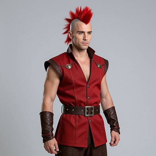 Photograph of a muscular man with a bald head and vibrant red mohawk, wearing a red sleeveless shirt, black belt, and black leather wrist