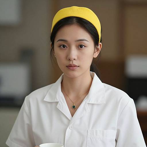 Photograph of an Asian woman with straight black hair, wearing a yellow headband, white button-up shirt, and green pendant, looking directly at the
