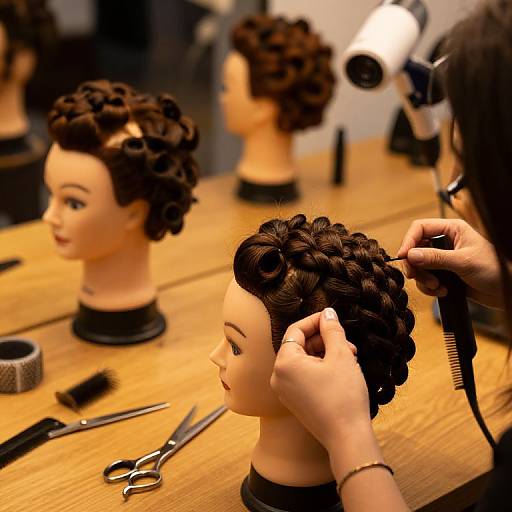 Photograph of a salon workspace with two mannequin heads featuring curled hair, being styled by a hand with scissors and comb.