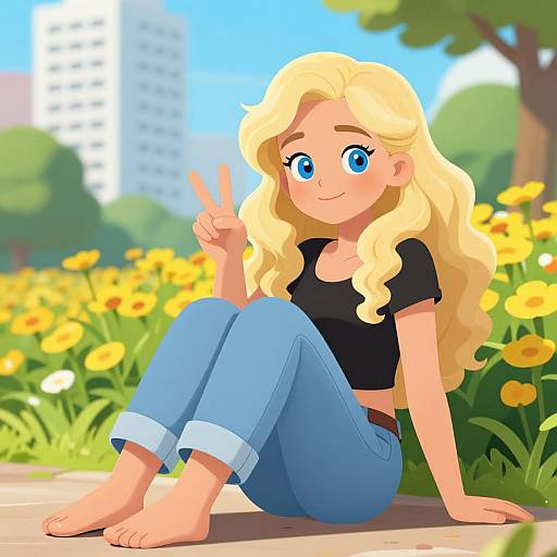 Digital anime-style drawing of a blonde girl with blue eyes, wearing a black crop top and blue jeans, sitting barefoot in a sunny flower-filled park