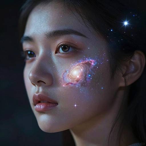 Photograph of an Asian woman with glowing, starry cosmic markings on her cheek, dark background, and soft lighting, creating a magical, ethereal