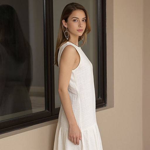Photograph of a young woman with light brown skin and long brown hair, wearing a sleeveless white dress and large hoop earrings, standing by a black