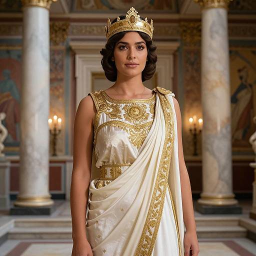 Photograph of a dark-haired woman with an olive complexion wearing an ornate gold and white toga dress, gold crown, standing in a grand,