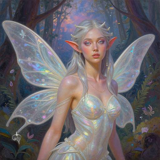 Digital fantasy artwork of a beautiful, pale-skinned fairy with long white hair, iridescent wings, pointed ears, and a shimmering, strap