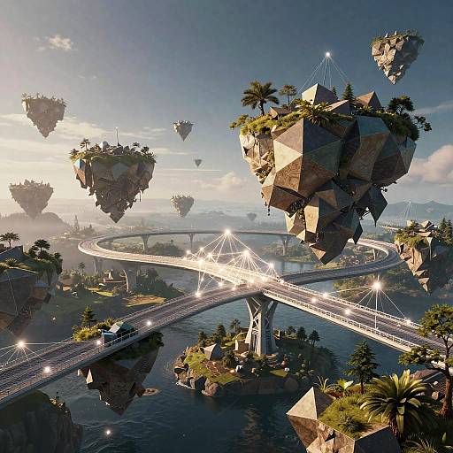 Fantastical CGI image of floating islands with geometric rock formations, palm trees, and a glowing, futuristic suspension bridge connecting them.