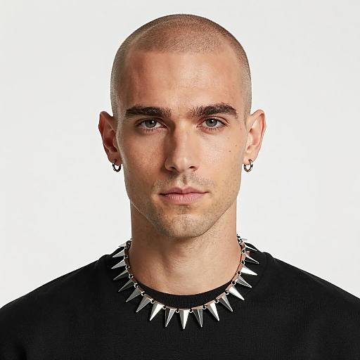 Bald man with spiked silver necklace and earrings