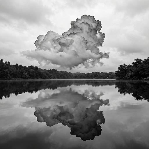 Black-and-white photograph of a reflective lake with a dramatic, cloud-filled sky mirrored perfectly on the water's surface.