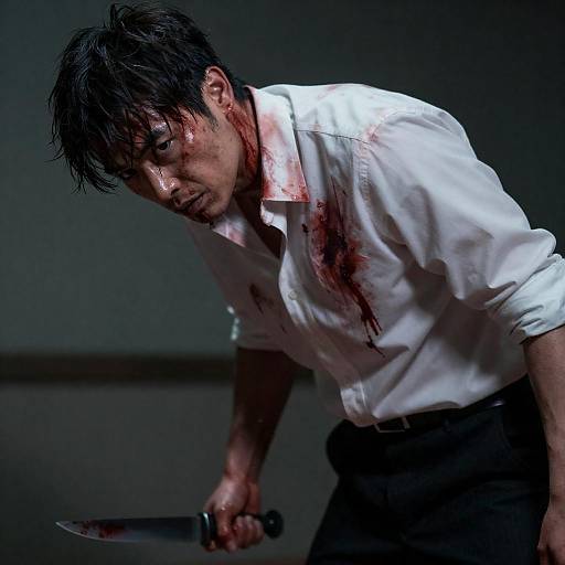 Bloodied man holding knife with intense expression