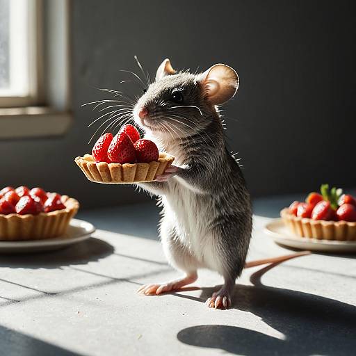 Mouse Holding Strawberry Tart in Vintage Bakery