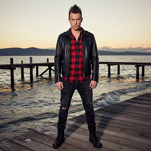 Photograph of a young man with spiked hair, wearing a black leather jacket, red plaid shirt, ripped black jeans, and boots, standing on