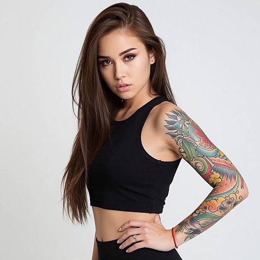 Photograph of a tattooed young woman with long brown hair, wearing a black sleeveless crop top, standing against a white background. She has colorful
