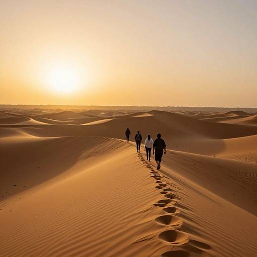 Photograph of six silhouetted hikers walking in single file across golden-orange sand dunes at sunset, casting long shadows on the rippled