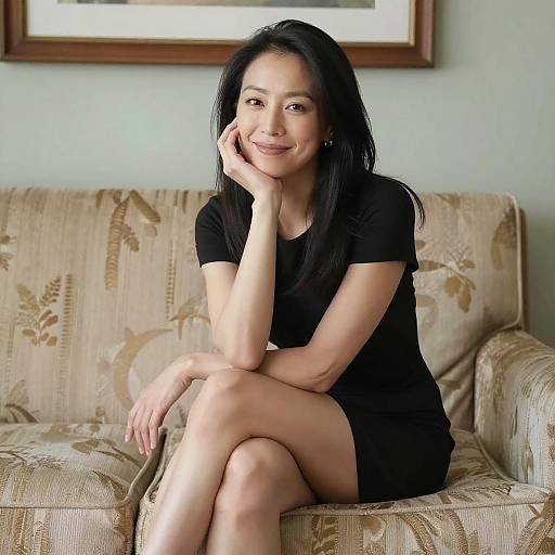 Elegant Asian Woman on Patterned Couch