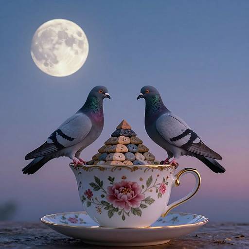 Surreal Twilight with Pigeons and Pyramid