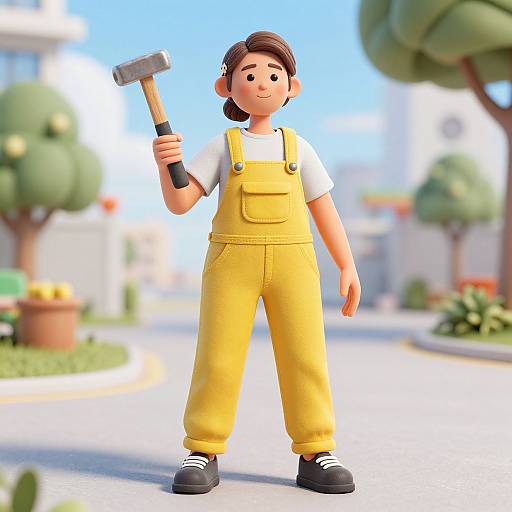 3D cartoon-style image of a smiling girl with brown hair in yellow overalls, white shirt, and black shoes, holding a hammer, standing on