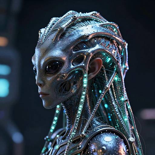 Photorealistic CGI of a futuristic, cybernetic alien with glowing blue and silver circuitry, intricate patterns, and metallic skin, set against a