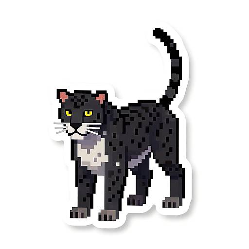 Pixel art of a black and white cat with yellow eyes, standing alert, against a plain white background. Retro, blocky style.