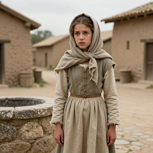 Photograph of a young girl with fair skin and brown hair, wearing a beige dress and headscarf, standing in a rustic village with stone buildings