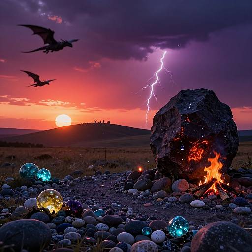 Photograph of a dramatic sunset with purple clouds, lightning, silhouetted bats, glowing glass orbs, and a fiery rock in a rocky field