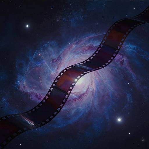 Digital artwork of a galaxy with swirling blue and purple nebulae, intersected by a dark, filmstrip-like ribbon, set against a starry