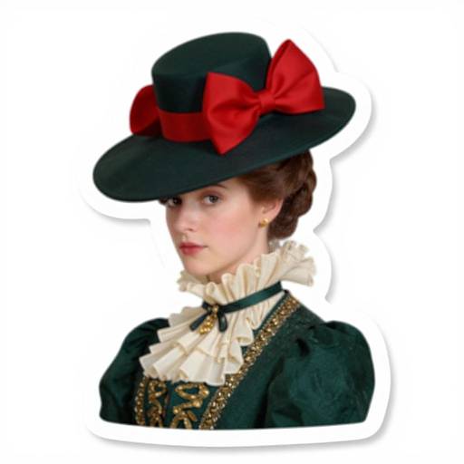 Photograph of a young woman in Victorian attire, wearing a black hat with a large red bow, white ruffled collar, black dress with gold trim