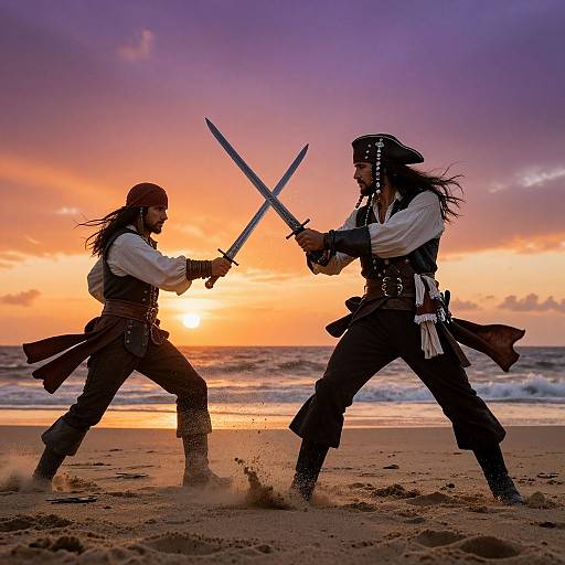 Photograph of two pirates dueling with swords on a sandy beach at sunset, with a vibrant purple and orange sky.