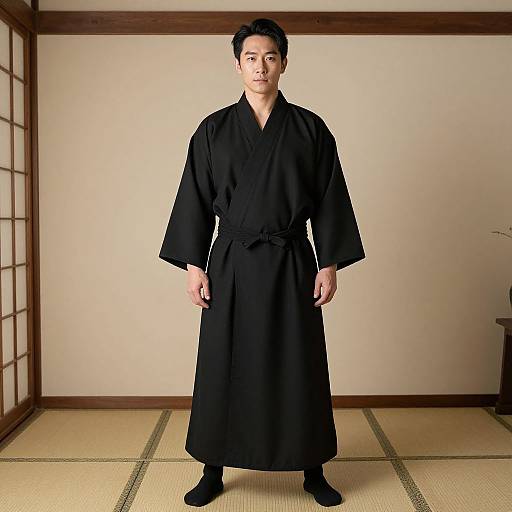 Photograph of an Asian man with short black hair, wearing a black traditional Japanese kimono, standing in a minimalist room with shoji screens and tat