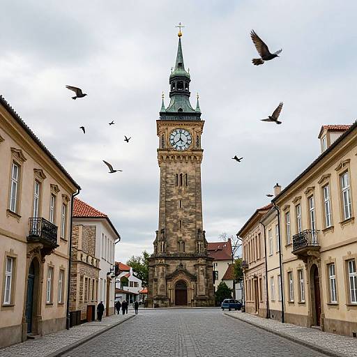 Photograph of a European town's cobblestone street flanked by beige buildings, leading to a tall, stone clock tower with a green spire