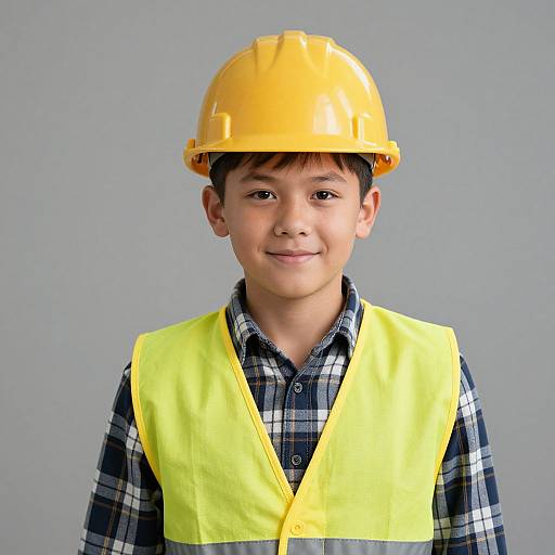 Photograph of a young boy with light brown skin, wearing a yellow hard hat and neon yellow safety vest over a plaid shirt, smiling against a