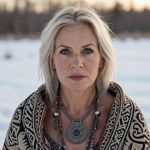 Photograph of a middle-aged woman with blonde hair, blue eyes, wearing intricate black and white patterned cloak, large silver necklace, and matching earrings