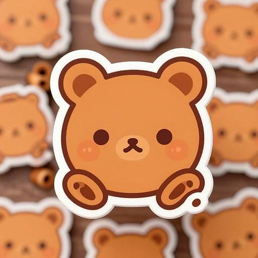 Cute digital illustration of a chubby, orange teddy bear with black eyes and nose, outlined in white, on a blurred wooden background with multiple bear