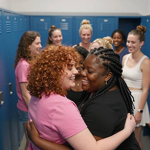 Joyful Women Embrace in Locker Room