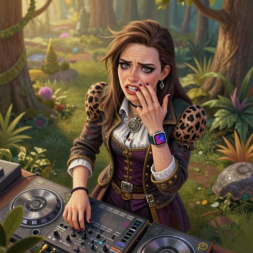 Digital artwork of a worried woman in a leopard-print jacket, brown dress, and blue watch, DJing in a lush, sunlit forest.