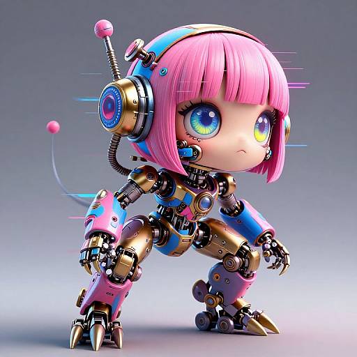 CGI chibi-style robot girl with pink bob haircut, large blue eyes, metallic gold and blue body, antennae, and pink accents, standing